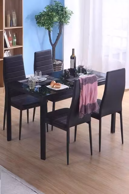 Living and Home 5-Piece Modern Dining Set with Tempered Glass Rectangular Table and Faux Leather Chairs in Black