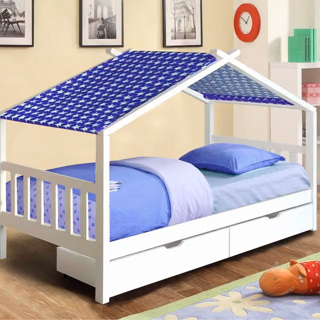 Comfy Living Wooden House Storage Bed for Children with Drawers and Fabric Tent, White and Blue, W/D/H: 90 x 190 cm