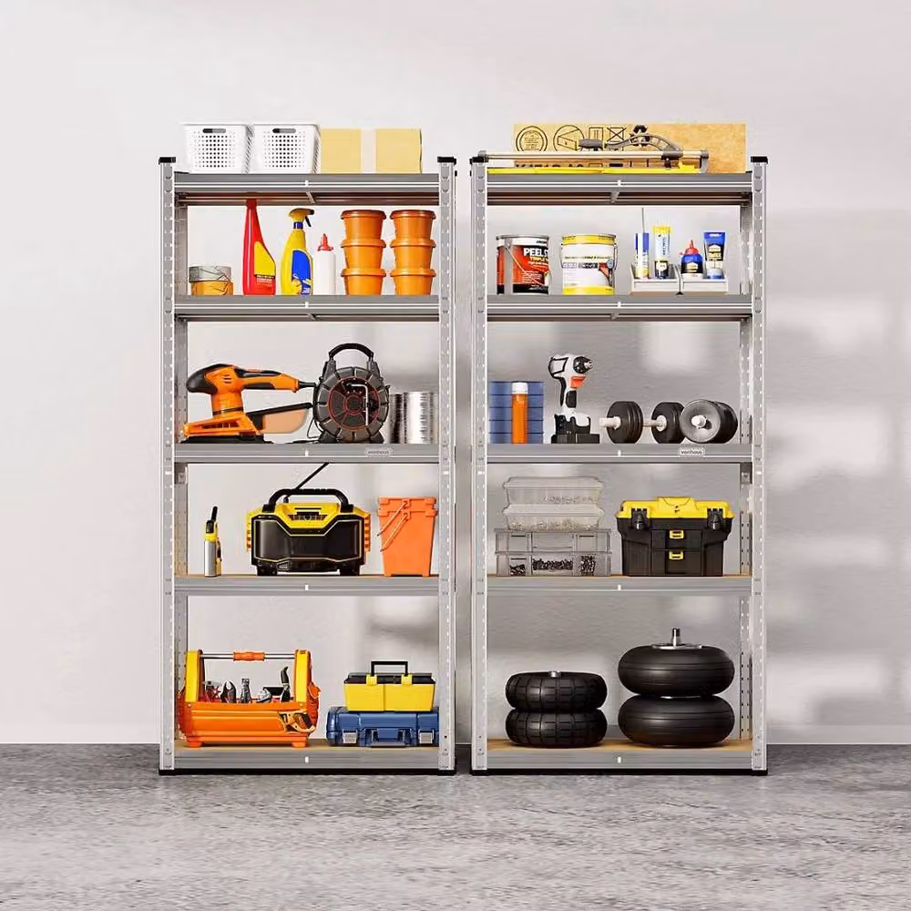 PAWNORA 5 Tier Heavy Duty Boltless Garage Racking Unit in Silver Metal and MDF – 2