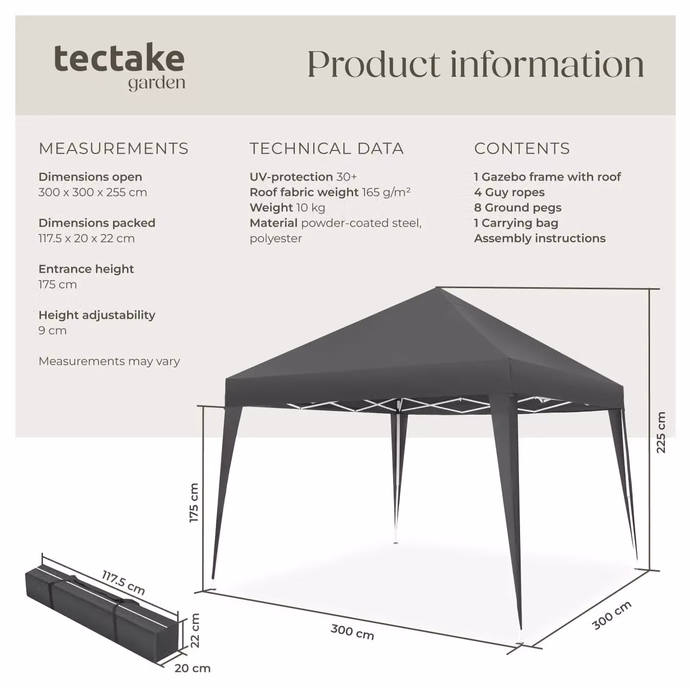 tectake Gazebo Linosa Grey, W/D/H: 300 x 300 x 225 cm – 5
