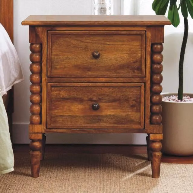 Aosom UK Solid Mango Wood Bedside Table with 2 Drawers in Brown