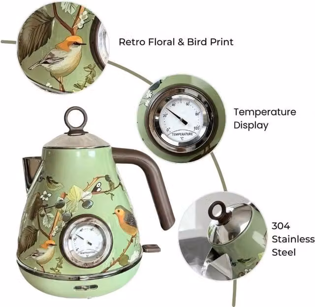 NESTLUNE Retro Bird Print Electric Kettle with Thermometer in Green Stainless Steel, 1000ml – 1