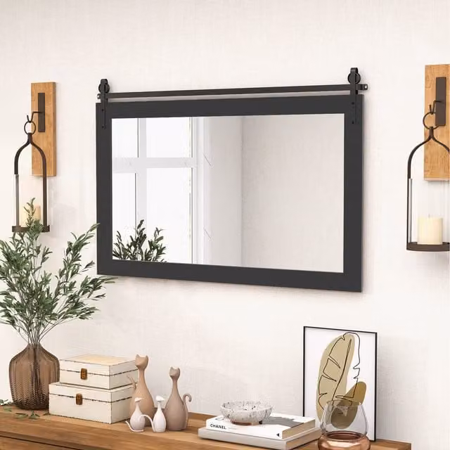 Costway Rectangular Rustic Farmhouse Bathroom Wall Mirror in Black