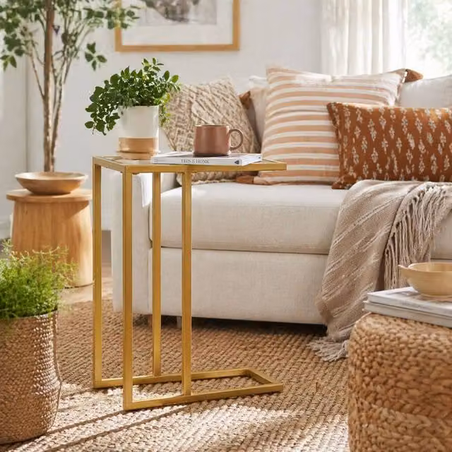 Wyld Haus Ramise Gold Tone Metal and Tempered Glass C Shaped Side Table – 1