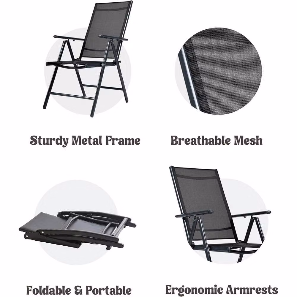 Nordara 2-Piece Set of Black Aluminium High Back Camping Chairs with 7-Position Adjustable Backrest and Armrests – 4