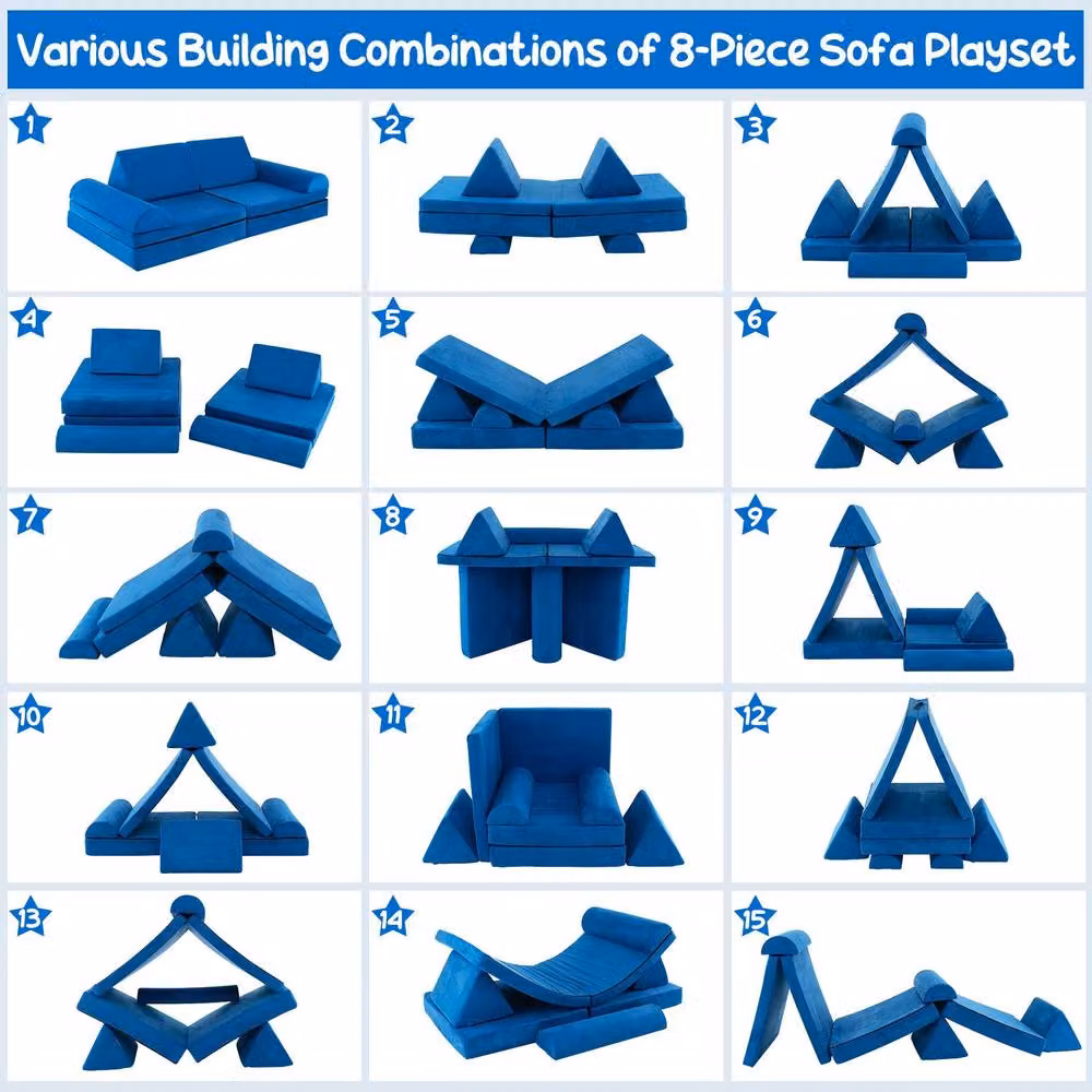Costway 6-Piece Modular Convertible Foam Kids Play Couch Sofa Playset in Blue – 9