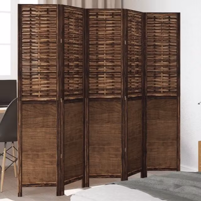 Berkfield Home 5 Panel Room Divider in Dark Brown Solid Paulownia Wood – 1