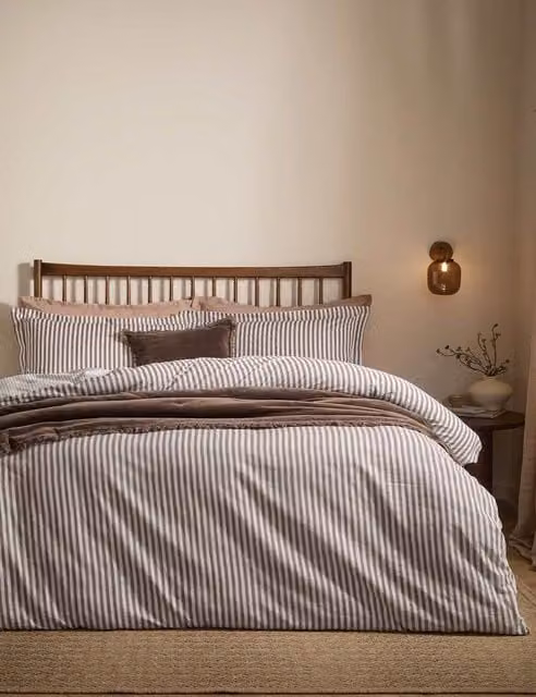 YARD Hebden Striped Reversible Cotton Duvet Cover Set, Khaki Mix, Beige and Brown, 200 x 200 cm