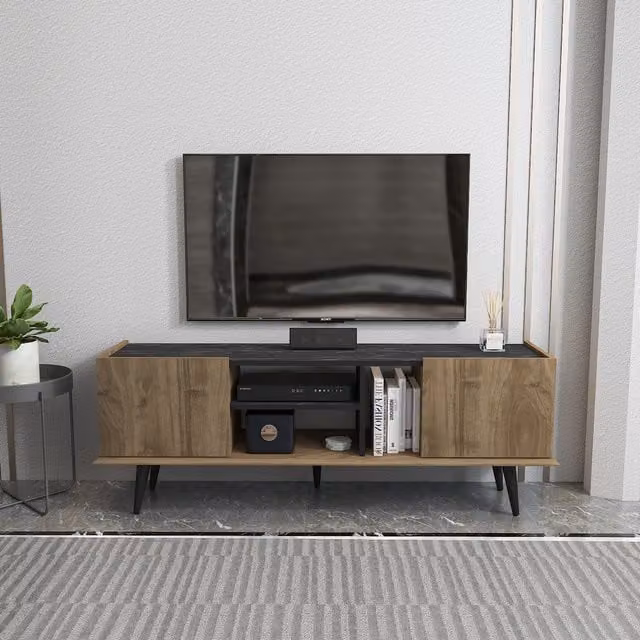 Decorotika Ekvador Mid-Century TV Unit in Walnut and Black Marble Effect