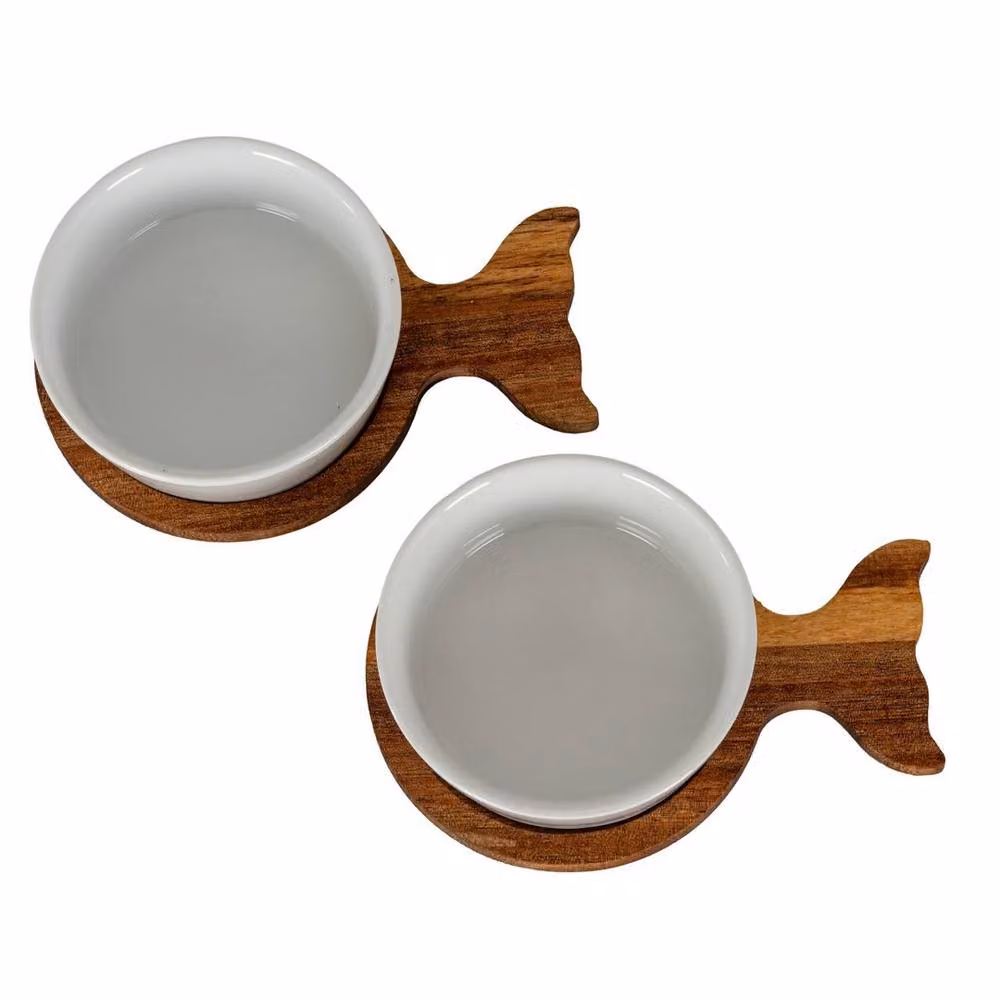 Lemon Pavilion Brown Acacia Wood and Ceramic Fishtail Serving Trays with Bowls, Set of 2 – 2