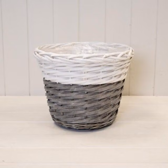 KDMD Rustic Round Rattan Tabletop Planter in White and Grey