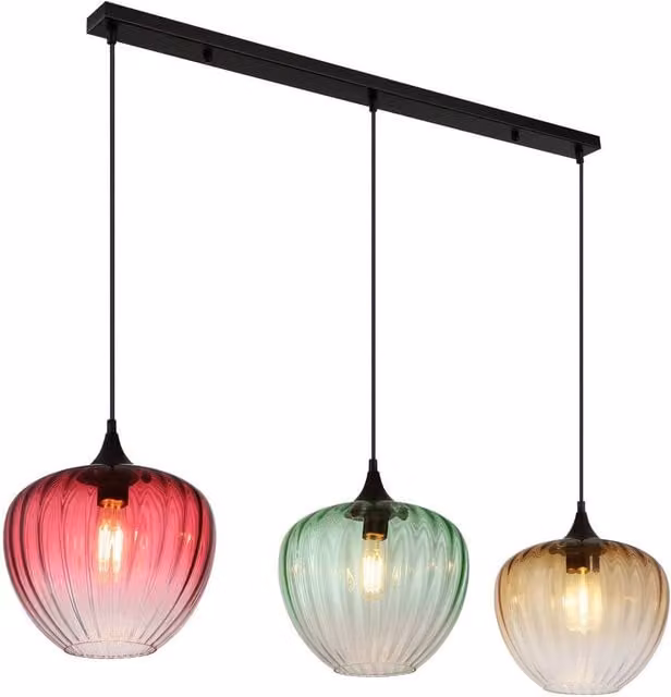Netlighting Solveig Bar Pendant Light in Matt Black with Multicolour Red, Green and Amber Glass Shades, 3x E27, Height Adjustable – 1