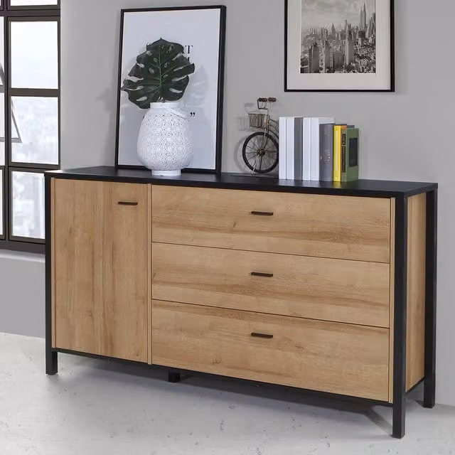 Furniture To Go High Rock 1 Door 3 Drawer Sideboard in Matt Black and Riviera Oak