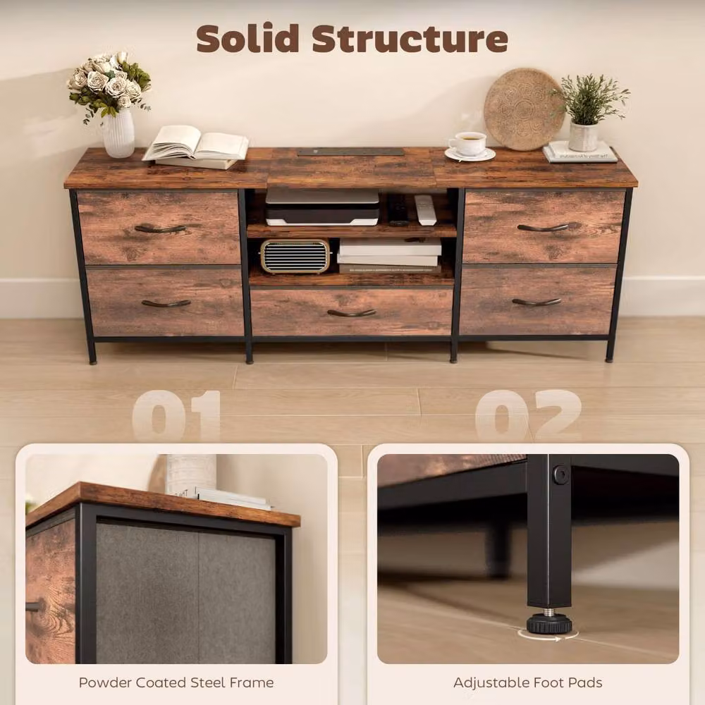 Wyld Haus Beladen Industrial TV Stand with Built-in Power and Storage in Brown and Black – 6