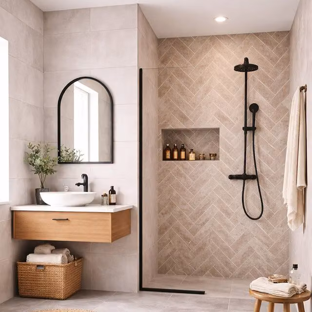 Britwall Waterproof PVC Shower Panels, Pack of 3, Light Beige Herringbone Tile Look, Matt Finish