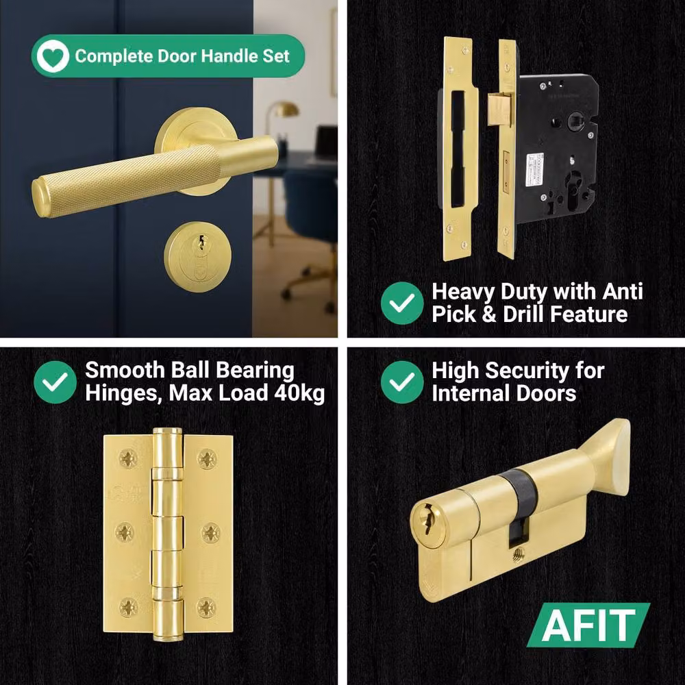 AFIT Satin Brass Door Handle Euro Lock Turn Cylinder Set in Gold, W/D/H: 15 x 15 x 15 cm – 6