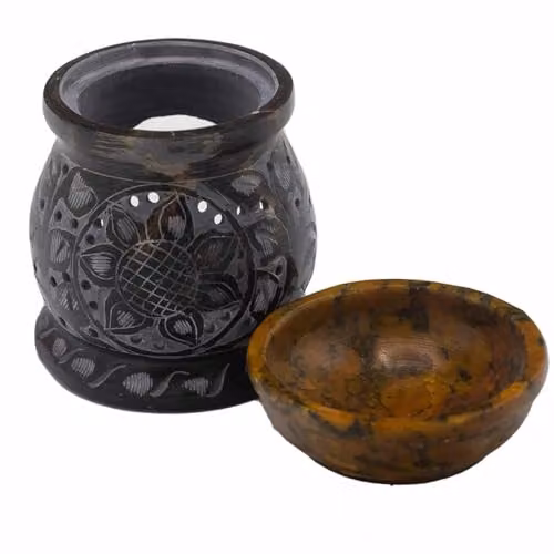 KDMD Soapstone Mandala Flower Oil Burner in Black and Yellow – 2