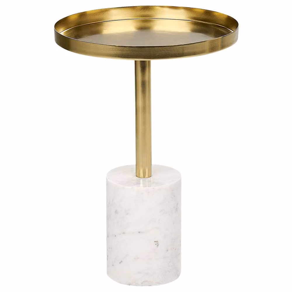 Wyld and Coco Round Side Table with Gold Metal Top and White Marble Base, Diameter: 36 cm – 2
