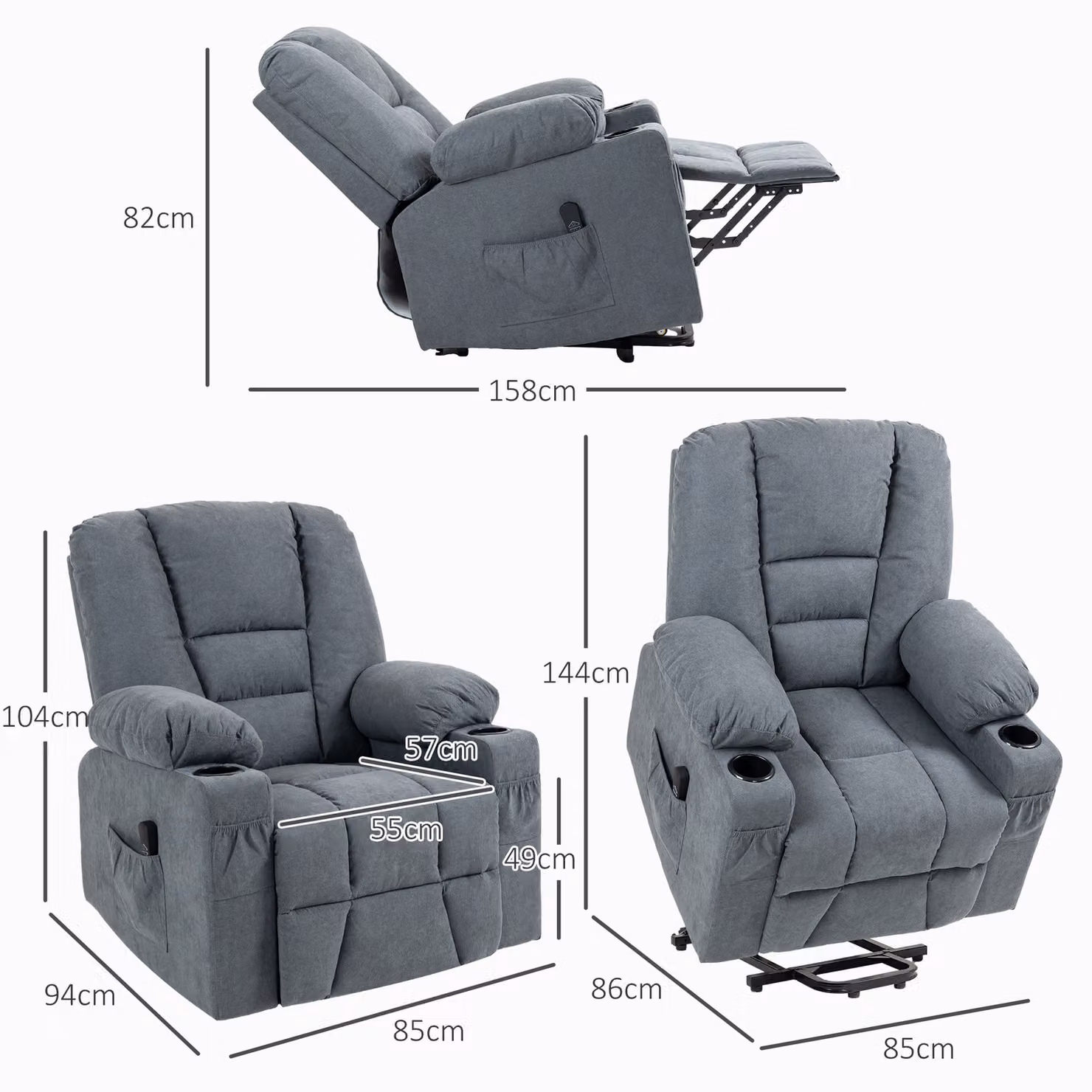 HOMCOM Grey Fabric Upholstered Powered Lift Recliner Chair for Seniors with Remote Control and Side Pockets – 3