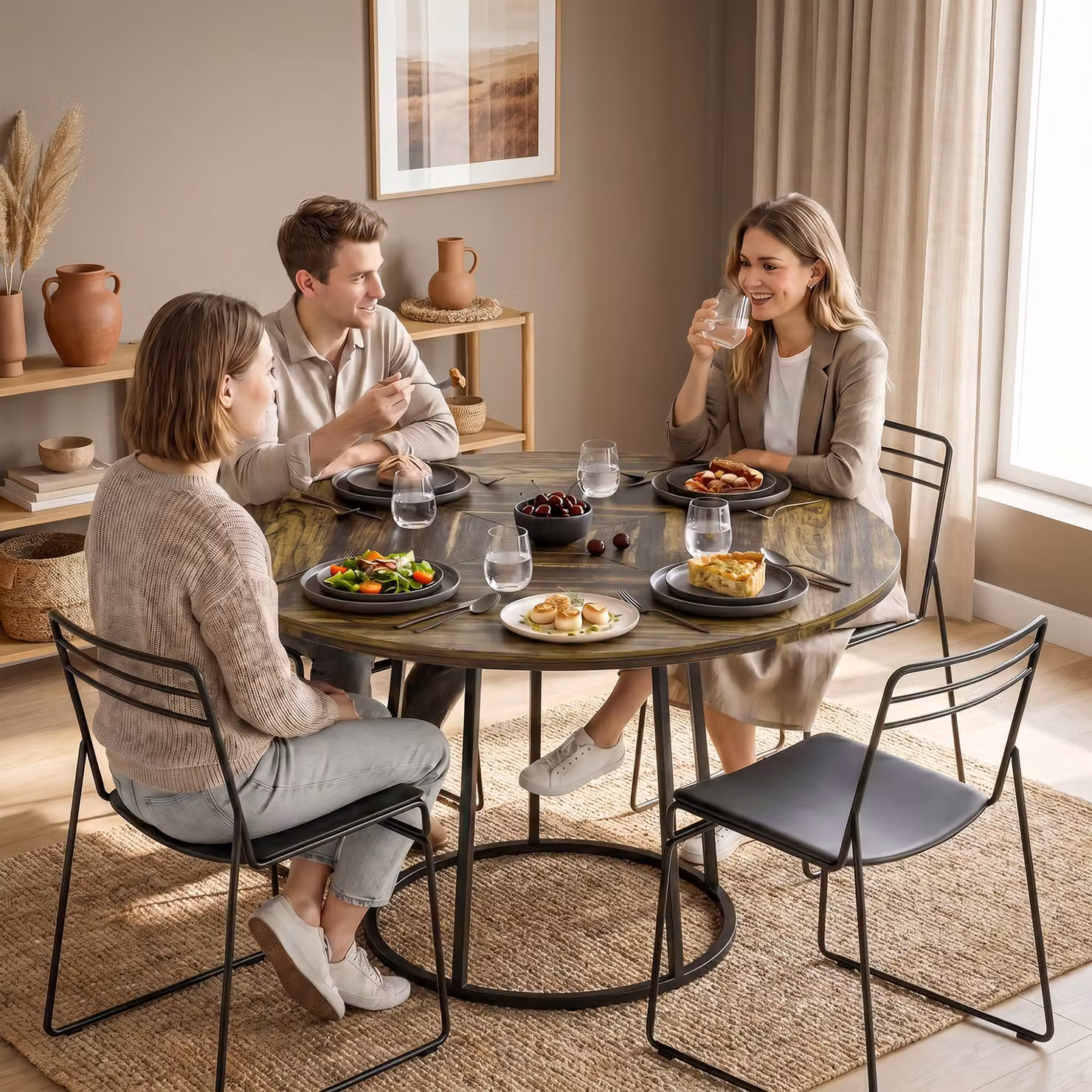 HOMCOM Round Dining Table with Spliced MDF Top and Conical Metal Base, Rustic Brown and Black, Diameter: 120 cm, Height: 75 cm – 2