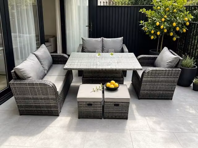 Fimous Rattan Garden Furniture Set with Lift Table and Reclining Loveseat in Dark Grey