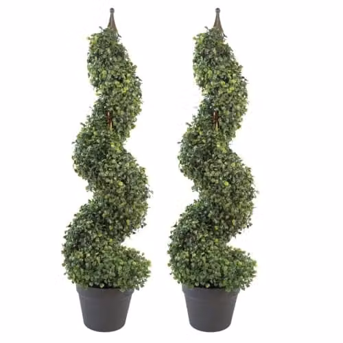 Leaf Design UK Pair of Artificial Green Boxwood Spiral Topiary Tower Trees, Height: 90 cm