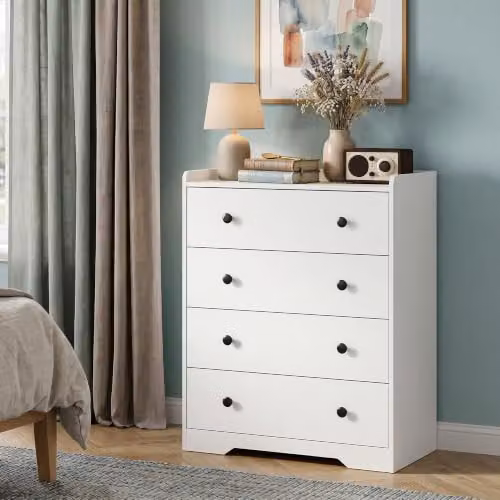 HOMCOM Modern 4 Drawer Chest of Drawers, White Wood Effect Storage Cabinet – 3