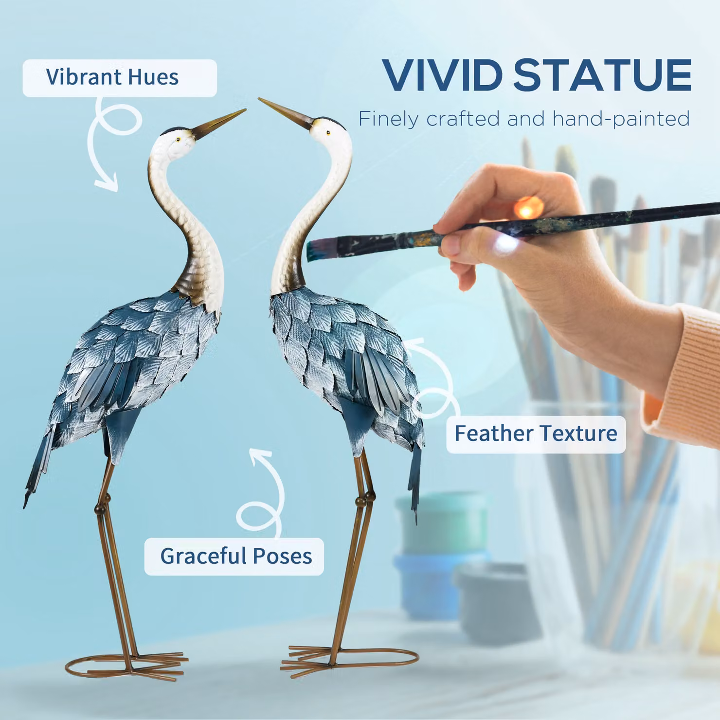 Outsunny Crane Garden Ornament Set of 2, Multi-Colour Steel Garden Statues for Patio and Pond Decoration – 3