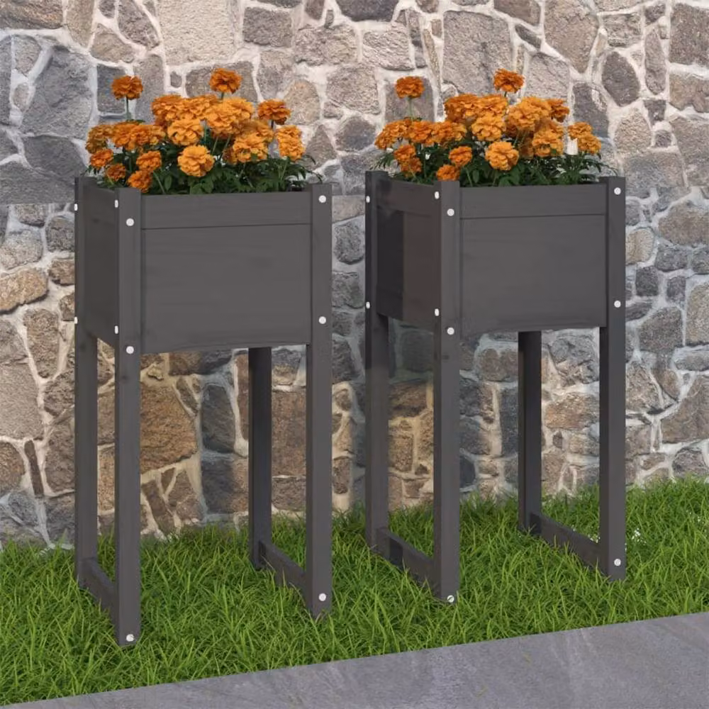Berkfield Home Set of 2 Grey Solid Wood Pine Planters, W/D/H: 40 x 40 x 81 cm – 2