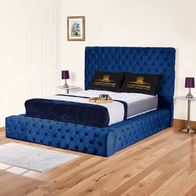 UK Bed Furniture Ambassador Ottoman Gas Lift Upholstered Velvet Bed in Blue, Size: Small Double