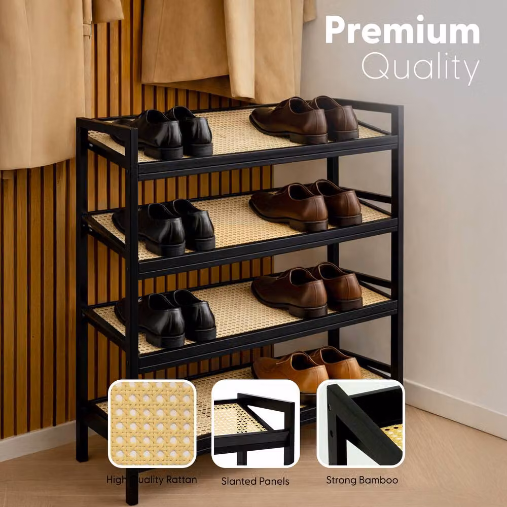 Keplin 4 Tier Bamboo and Rattan Shoe Organiser Rack in Black and Natural – 3