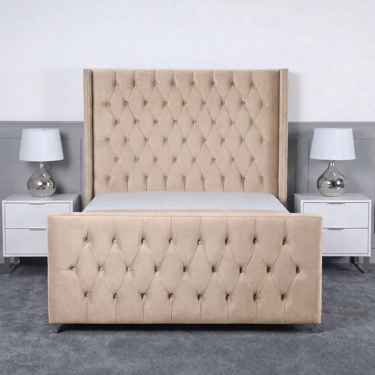 Living Comfort Bedz Executive Luxe Plush Upholstered Velvet Bed with Slatted Base and 48 Inch Headboard, Beige, W/D/H: 90 x 190 cm, Single