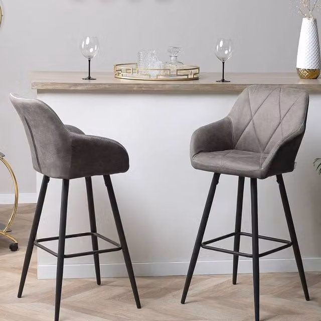 Wyld and Coco Set of 2 Grey Quilted Fabric Bar Stools with Arms