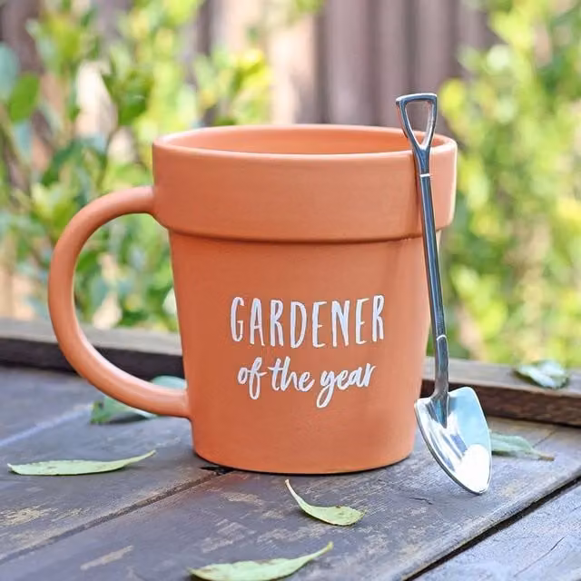 Uniqueful Gardener of the Year Orange Ceramic Pot Mug and Shovel Spoon Set