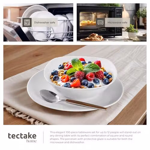 tectake 100-Piece Porcelain Dinner Set for 12 People in White, including Plates, Bowls and Mugs, Dishwasher and Microwave Safe – 3