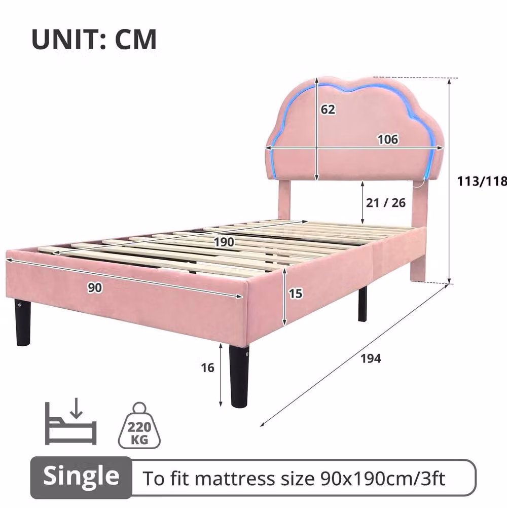 STILVORA Single Upholstered Velvet Bed with RGB LED Headboard and Drawers in Pink, W/D/H: 90 x 200 cm – 3
