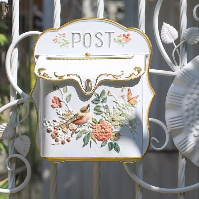 All Chic Vintage Metal Wall Mounted Decorative Post Box in White and Gold