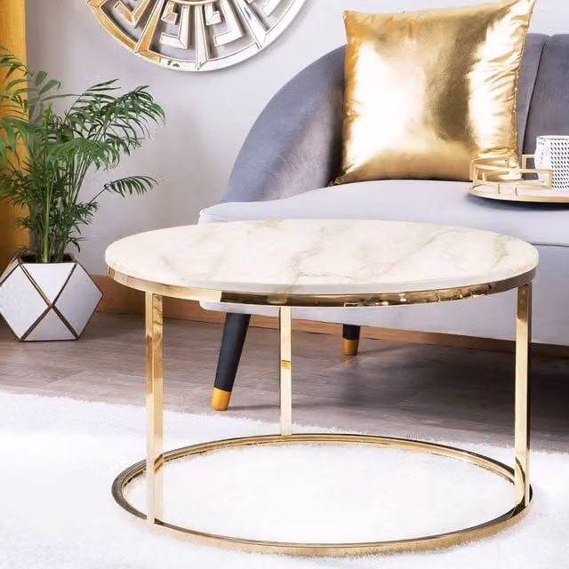 Wyld and Coco Beige Marble Effect Round Coffee Table with Gold Base, Diameter: 70 cm – 1