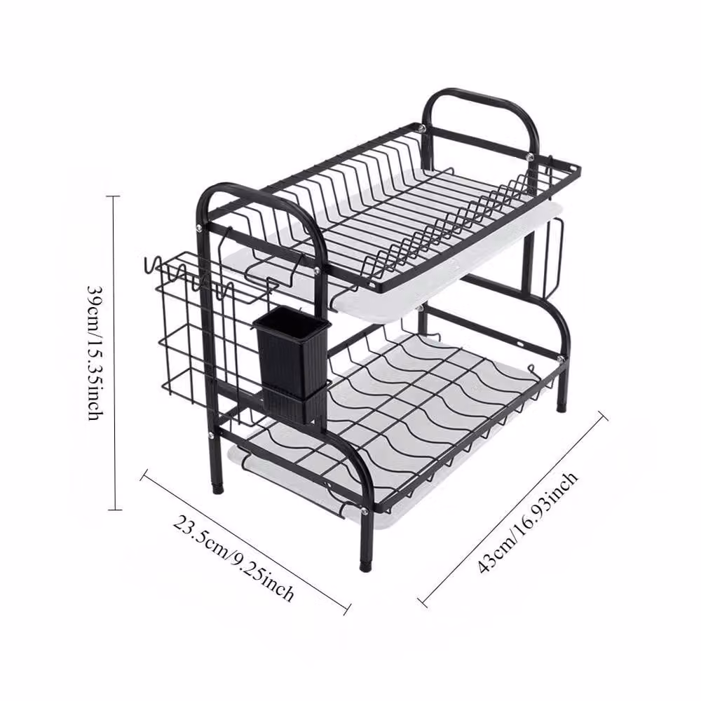 KORVIXA 2 Tier Large Dish Drainer Plate Rack in Black with Cutlery Holder and Drip Tray, W: 100 cm x D: 39 cm x H: 15 cm – 2