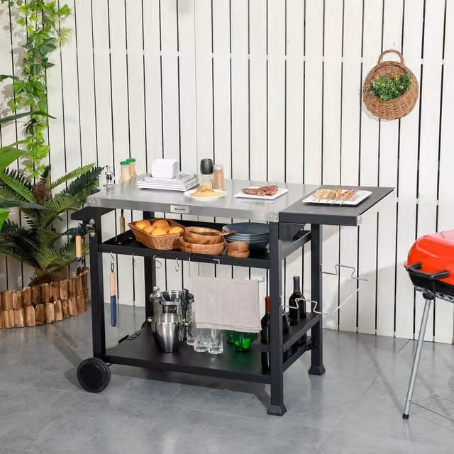 Outsunny Stainless Steel Outdoor Grill Cart with Folding Side Table and 2 Wheels, Black