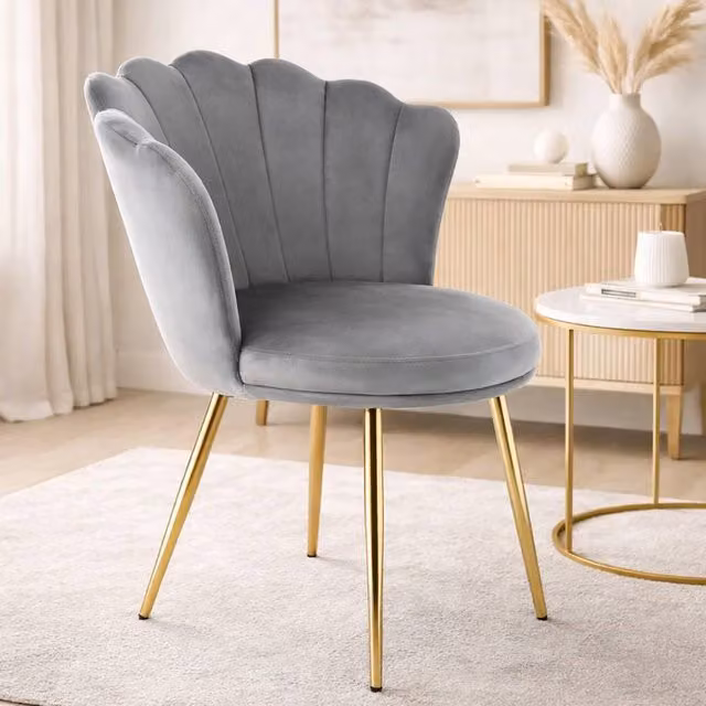 Genesis Freya Grey Velvet Accent Chair with Petal Back and Metal Frame