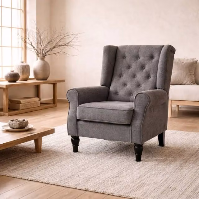 Wyld Haus Keri Molo Snow Flannel Dark Grey Wingback Accent Chair with Button Tufting and Solid Wood Frame