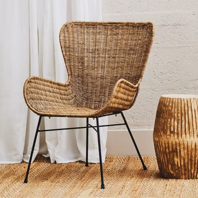 Orsina Modern Curved Design Natural Rattan and Metal Outdoor Chair in Brown and Black – 1
