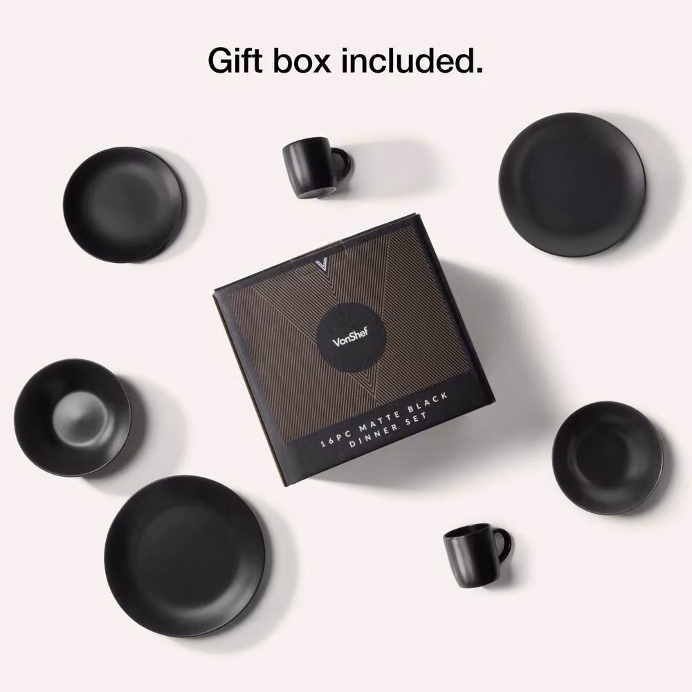 VonShef 16-Piece Matte Black Stoneware Dinner Set for 4 People – 5
