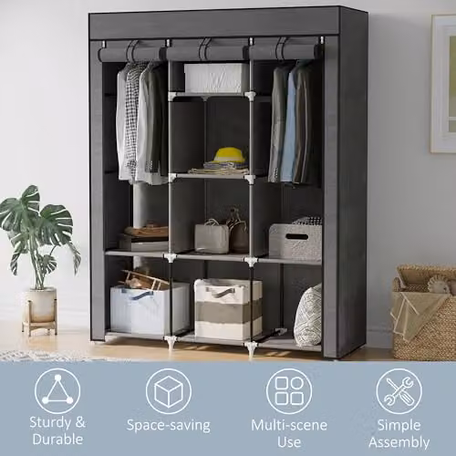 HOMCOM Fabric Wardrobe with Hanging Rod and Internal Shelves, Grey, W/D/H: 125 x 43 x 162.5 cm – 4