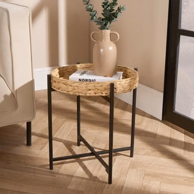 OHS Rustic Round Rattan Tray Side Table in Brown, Black or Yellow