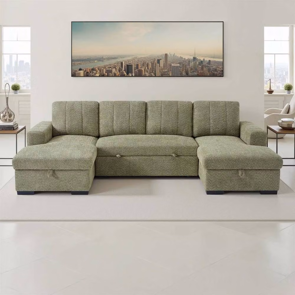 Furnishings For Less UK Comaro Green U Shaped 5 Seater Fabric Sofa Bed with Twin Storage Chaises W: 310 cm, D: 155 cm, H: 94 cm – 2