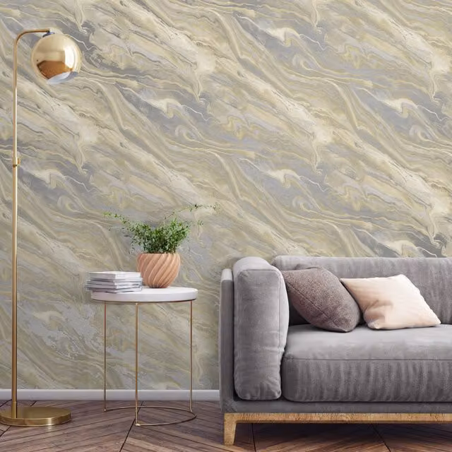 Grandeco Paul Moneypenny Neutral Grey and Yellow Metallic Italian Marble Abstract Wallpaper