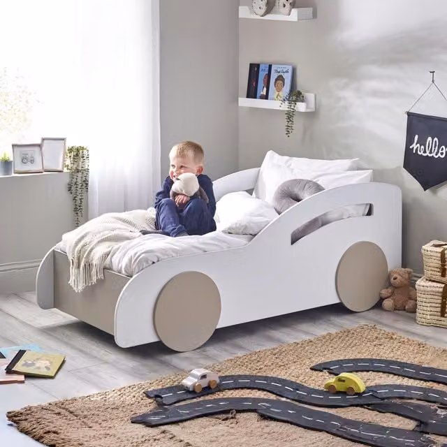 Julian Bowen Atlantis Toddler Car Bed in White and Taupe, W/D/H: 70 x 140 cm
