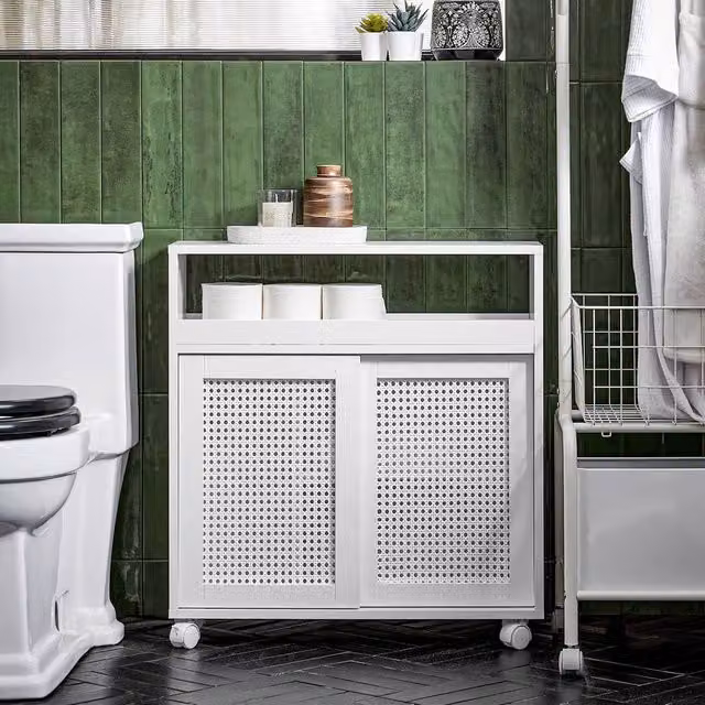 SoBuy Modern Narrow Bathroom and Hallway Side Cabinet with Sliding Doors in White – 1